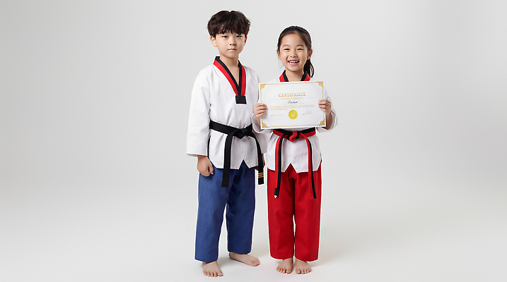 JPG 편집이미지 어린이 수업 건강 도복 웃음 소녀 소년 친구 학습 운동 연습 태권도 태권도복 기념촬영 승진 의료성형뷰티 편집실사 AI인물포토 AI콘텐츠 옷 여자 교육 남자 관계 표정 사람 사진촬영 격투기 CG 파일형식 AI포토