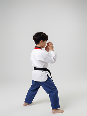 JPG 편집이미지 어린이 포즈 도복 운동복 운동 무도 킥 연습 태권도 태권도복 준비자세 검은띠 의료성형뷰티 편집실사 AI인물포토 AI콘텐츠 옷 스포츠용품 스포츠 모션 건강 사람 격투기 끈 CG 준비 파일형식 AI포토