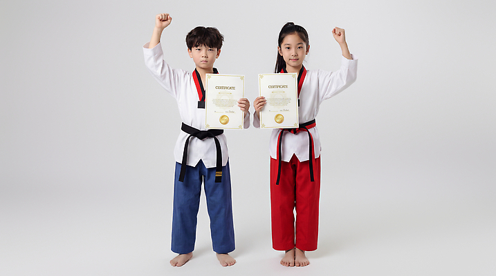 JPG 편집이미지 어린이 스포츠 포즈 학교 성공 기념 운동 무도 조끼 자신감 그룹 연습 태권도 태권도복 손흔들기 의료성형뷰티 편집실사 AI인물포토 AI콘텐츠 교육 감정 컨셉 모션 건강 도복 사람 격투기 외투 CG 파일형식 AI포토