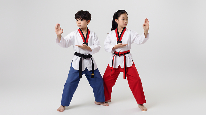 JPG 편집이미지 어린이 스포츠 기술 도복 소녀 소년 운동 마주보기 무도 집중 연습 태권도 태권도복 준비자세 의료성형뷰티 편집실사 AI인물포토 AI콘텐츠 옷 여자 남자 포즈 컨셉 모션 건강 사람 격투기 CG 준비 파일형식 AI포토