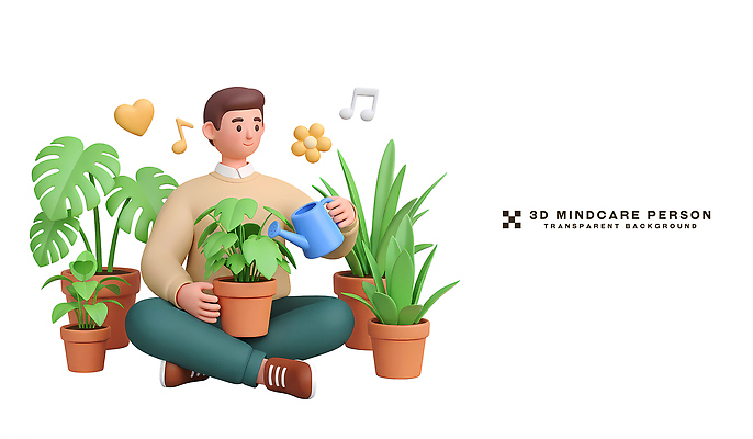 컬러 모션 건강 사람 취미 내부 3D 생태계 파일형식 남자 식물 화분 물주기 가꾸기 실내 자연 원예 초록색 조경 편집이미지 편집3D PSD 정신건강