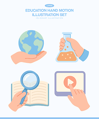 교육 과학 컨셉 모션 신체부위 전자제품 스마트기기 파일형식 벡터 손 포즈 지구 실험기구 확대경 태블릿 학습 이미지 기술 자료 학생 실험 분석 수업 정보 일러스트 국내일러스트 AI파일 손짓