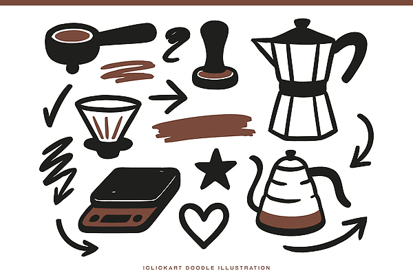 디자인 커피 음료 일러스트 주전자 저울 카페 도구 낙서 커피포트 그림 바리스타 에스프레소 드리퍼 핸드드립 홈카페 국내일러스트 AI파일 직업 주방용품 상점 커피용품 파일형식 벡터