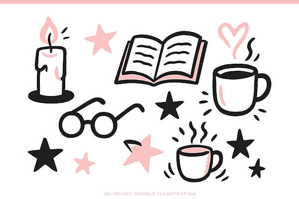 자연요소 모양 잡화 감정 음료 컨셉 라이프 상점 파일형식 벡터 책 커피 초 안경 별 하트 일상 즐거움 그림 디자인 표현 카페 독서 공간 창의성 생각 스타일 감성 일러스트 국내일러스트 AI파일 낙서