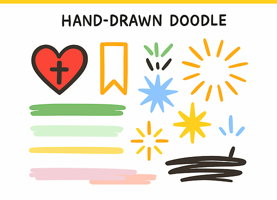 자연요소 모양 학용품 파일형식 벡터 손그림 낙서 도안 하트 리본 별 컬러 선 디자인 그래픽 창작 예술 색연필 손글씨 생동감 표현 창의성 심플 일러스트 국내일러스트 AI파일