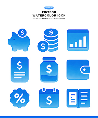 아이콘 컬러 돈 비즈니스 모바일 금융 경제 저축 파일형식 기술 저금통 동전 그래프 통장 지갑 거래 관리 투자 수익 비용 2D아이콘 PSD 파란색 수채화 핀테크