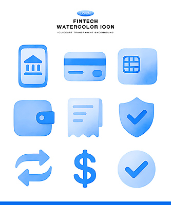 아이콘 컬러 컨셉 모바일 금융 경제 확인 파일형식 핀테크 거래 지갑 영수증 체크표시 파란색 모음 디자인 그래픽 디지털 안전 인증 2D아이콘 PSD 수채화