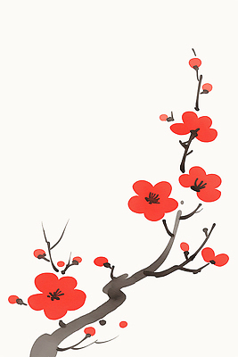 JPG 나무 식물 전통 디자인 꽃 문화 예술 줄기 잎 일러스트 자연 수채화 빨간색 봄 벚꽃 흰색 그림 심플 한국화 봉오리 홍매화 매난국죽 창작 국내일러스트 AI일러스트 AI콘텐츠 계절 컬러 동양화 생태계 매화 파일형식