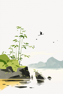 JPG 식물 전통 겨울 일러스트 자연 조류 하늘 산 풍경 물 강 평화 환경 비행 강가 대나무 생태계 한국화 지역 매난국죽 국내일러스트 AI일러스트 AI콘텐츠 자연요소 나무 동물 계절 컨셉 동양화 파일형식