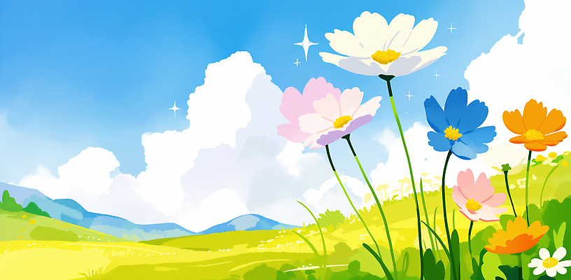 JPG 식물 계절 꽃 컬러 하늘색 일러스트 봄꽃 자연 하늘 생명 풍경 잔디 햇빛 노란색 언덕 생태계 국내일러스트 AI일러스트 AI콘텐츠 파란색 태양 봄 파일형식