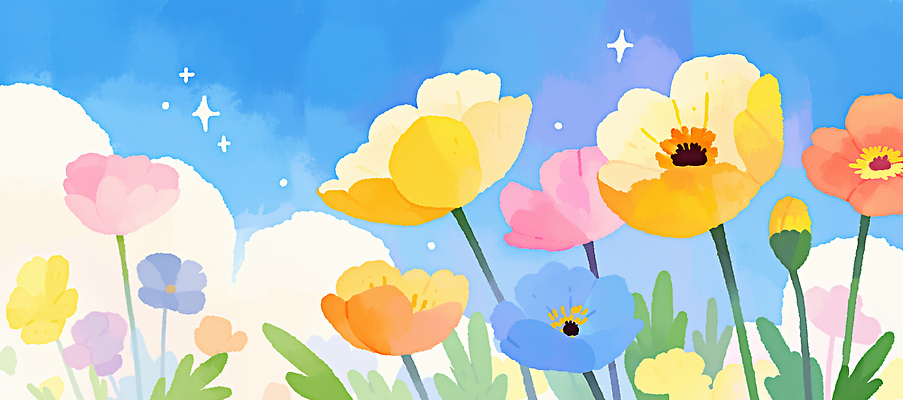 JPG 식물 꽃 길 컬러 일러스트 봄꽃 자연 하늘 생명 씨앗 풍경 초원 햇빛 태양 봄 성장 대기 언덕 국내일러스트 AI일러스트 AI콘텐츠 자연요소 계절 생태계 파일형식