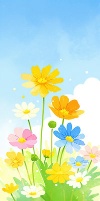 JPG 식물 디자인 꽃 행복 분홍색 컬러 백그라운드 꽃밭 일러스트 봄꽃 자연 하늘 여름 파란색 햇빛 노란색 봄 흰색 국내일러스트 AI일러스트 AI콘텐츠 계절 감정 태양 생태계 파일형식