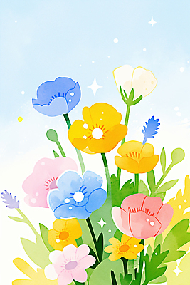 JPG 식물 꽃잎 꽃 화초 컬러 백그라운드 꽃밭 일러스트 봄꽃 자연 생명 초원 햇빛 정원 봄 물방울 조화 국내일러스트 AI일러스트 AI콘텐츠 계절 태양 생태계 파일형식