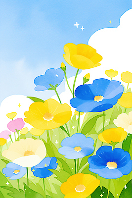 JPG 계절 꽃 감정 컬러 일러스트 봄꽃 자연 하늘 날씨 풍경 잔디 생활 초록색 파란색 빛 햇빛 노란색 봄 만개 국내일러스트 AI일러스트 AI콘텐츠 식물 태양 생태계 파일형식