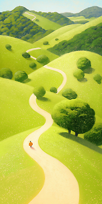 JPG 나무 감정 길 곡선 일러스트 자연 하늘 산 사람 풍경 초록색 여름 파란색 햇빛 걷기 봄풍경 언덕 평지 풍요 국내일러스트 AI일러스트 AI콘텐츠 식물 계절 선 컬러 컨셉 모션 태양 봄 땅 생태계 파일형식