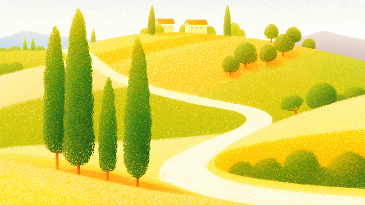 JPG 나무 길 일러스트 자연 하늘 산 주택 풍경 초록색 여름 파란색 노란색 평화 봄풍경 농촌 언덕 조경 평야 풍경화 국내일러스트 AI일러스트 AI콘텐츠 식물 계절 컬러 컨셉 건물 봄 시골 그림 생태계 파일형식