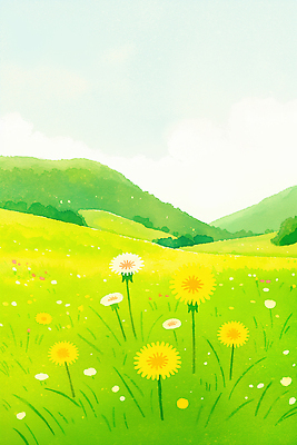 JPG 식물 꽃 일러스트 자연 하늘 바람 산 풍경 초원 초록색 여름 햇빛 봄 민들레 생태계 민들레홀씨 풍경화 국내일러스트 AI일러스트 AI콘텐츠 자연요소 계절 컬러 날씨 태양 그림 파일형식