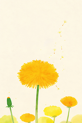 JPG 식물 꽃 잎 일러스트 자연 생명 바람 털 노란색 봄 들꽃 성장 민들레 번짐 꽃가루 민들레홀씨 환기 국내일러스트 AI일러스트 AI콘텐츠 자연요소 계절 컬러 날씨 가루 생태계 파일형식 효과