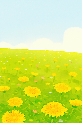 JPG 식물 꽃 컬러 꽃밭 일러스트 자연 하늘 날씨 풍경 초원 여름 파란색 햇빛 노란색 봄 들꽃 흰색 대기 민들레 국내일러스트 AI일러스트 AI콘텐츠 계절 태양 생태계 파일형식