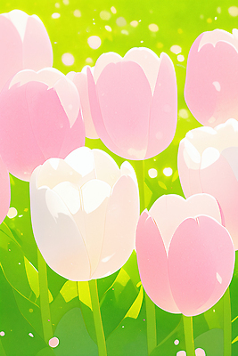JPG 식물 꽃잎 꽃 분홍색 컬러 꽃밭 일러스트 자연 생명 날씨 풍경 초원 햇빛 봄 튤립 흰색 만개 국내일러스트 AI일러스트 AI콘텐츠 계절 태양 생태계 파일형식