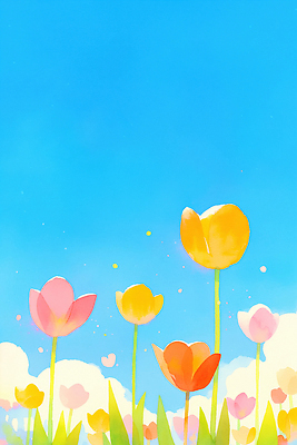 JPG 식물 꽃 분홍색 컬러 꽃밭 일러스트 자연 하늘 풍경 노란색 주황색 봄 튤립 국내일러스트 AI일러스트 AI콘텐츠 계절 생태계 파일형식