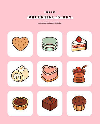 모양 음식 빵 데이이벤트 디저트 제과제빵 케이크 파일형식 벡터 발렌타인데이 하트 마카롱 롤케이크 초콜릿 머핀 과자 세트 설탕 제빵 AI파일 일러스트 국내일러스트