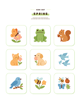 식물 동물 계절 곤충 포유류 양서류 반려동물 설치류 생태계 파일형식 벡터 봄 나비 개구리 다람쥐 고양이 개 조류 무당벌레 꽃 자연 디자인 AI파일 일러스트 국내일러스트