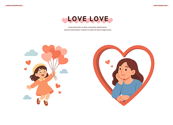 여자 감정 어린이 사람 파일형식 벡터 사랑 풍선 생각 마음 그림 강조 표현 행복 장면 동심 컬러 기쁨 감동 상상 소녀 포즈 일러스트 국내일러스트 AI파일