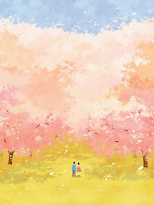JPG 나무 커플 꽃잎 꽃 길 데이트 일러스트 자연 하늘 사랑 풍경 두명 노란색 걷기 봄 산책 감상 공간 벚꽃 나란히 만개 국내일러스트 AI일러스트 AI콘텐츠 식물 계절 감정 컬러 관계 모션 휴식 사람 생태계 파일형식