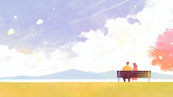 JPG 나무 커플 공원 컬러 벤치 데이트 일러스트 자연 하늘 함께함 사랑 풍경 여름 소풍 노란색 평화 일몰 봄 감상 언덕 오후 국내일러스트 AI일러스트 AI콘텐츠 식물 계절 공공시설 감정 컨셉 의자 관계 야외활동 노을 생태계 파일형식