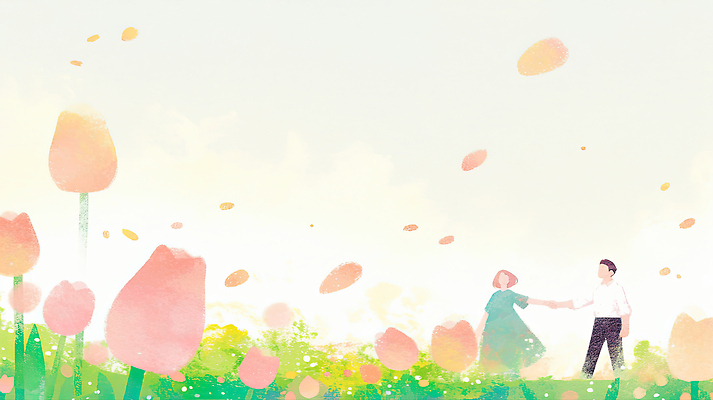 JPG 커플 계절 여자 남자 꽃잎 꽃 감정 컬러 꽃밭 데이트 일러스트 자연 사랑 풍경 초원 평화 손잡기 봄 만남 국내일러스트 AI일러스트 AI콘텐츠 식물 컨셉 관계 모션 사람 생태계 파일형식