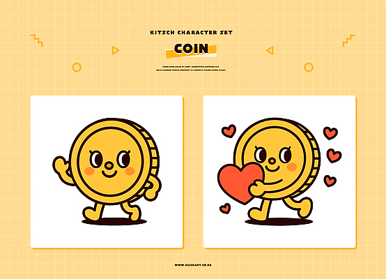 모양 캐릭터 감정 컬러 컨셉 돈 표정 파일형식 벡터 동전 사랑 하트 노란색 디자인 귀여움 표현 세트 그림 키치 단순화된 미소 일러스트 일러캐릭터 AI파일