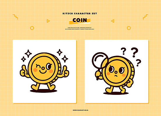캐릭터 감정 컬러 컨셉 돈 파일형식 벡터 동전 디자인 표정 즐거움 의문 그래픽 키치 스타일 상징 표현 노란색 일러스트 일러캐릭터 AI파일