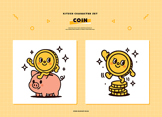 캐릭터 감정 컨셉 돈 저축 재산 그림 파일형식 벡터 동전 저금통 행복 표현 디자인 경제 키치 팝아트 컬러 백그라운드 동화 즐거움 수집 일러스트 일러캐릭터 AI파일
