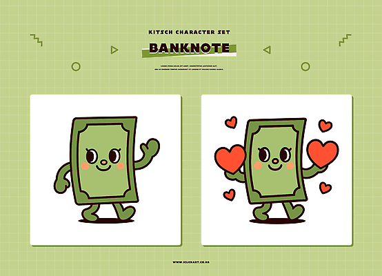 모양 캐릭터 감정 컨셉 지폐 돈 신체부위 초록색 재산 파일형식 벡터 하트 귀여움 키치 세트 백그라운드 연두색 포즈 표현 손 모션 디자인 그래픽 사랑 컬러 일러스트 일러캐릭터 AI파일 만원