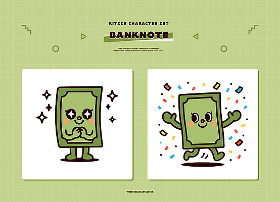 캐릭터 컨셉 지폐 돈 표정 미술 신체부위 초록색 파일형식 벡터 그림 디자인 귀여움 장면 표현 감정 손 백그라운드 연두색 웃음 컬러 스타일 작품 일러스트 일러캐릭터 AI파일 만원