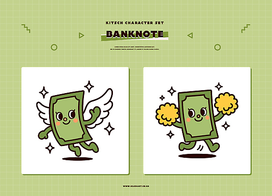 캐릭터 감정 컬러 컨셉 지폐 돈 응원 문화예술 재산 파일형식 벡터 날개 귀여움 춤 응원봉 디자인 그래픽 모션 생동감 표현 초록색 스튜디오 즐거움 동화 장식 일러스트 일러캐릭터 AI파일 만원