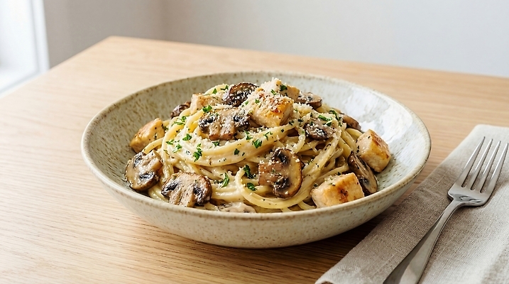 JPG 편집이미지 음식 파스타 요리 주방 식사 치킨 버섯 면류 이탈리아음식 저녁 점심 나무탁자 크림소스 크림파스타 편집실사 AI포토 AI콘텐츠 탁자 서양음식 소스_음식 야간 CG 닭고기요리 파일형식