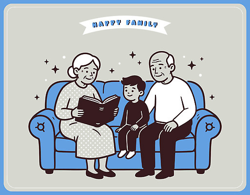 여자 노년 남자 감정 다수 컨셉 의자 관계 표정 말하기 사람 라이프 요일 파일형식 벡터 가족 어린이 소파 할머니 할아버지 독서 이야기 시간 거실 행복 웃음 금요일 모션 여러명 함께함 대화 책 일상 문화 일러스트 국내일러스트 AI파일