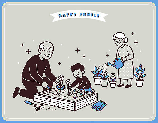 자연요소 식물 여자 노년 남자 감정 관계 모션 사람 파일형식 벡터 가족 할아버지 어린이 할머니 정원 꽃 흙 물 가꾸기 심기 행복 화분 물주기 일러스트 국내일러스트 AI파일