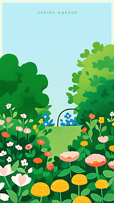 식물 계절 꽃 컬러 생태계 파일형식 봄 정원 나무 잔디 꽃밭 풍경 자연 초록색 파란색 분홍색 노란색 화초 잎 길 PSD 일러스트 국내일러스트