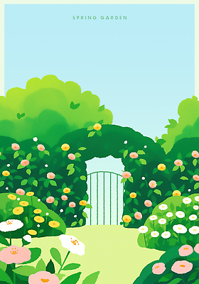 식물 계절 꽃 컬러 태양 생태계 파일형식 정원 봄 나무 문 햇빛 파란색 흰색 노란색 풍경 자연 꽃밭 초록색 여름 PSD 일러스트 국내일러스트