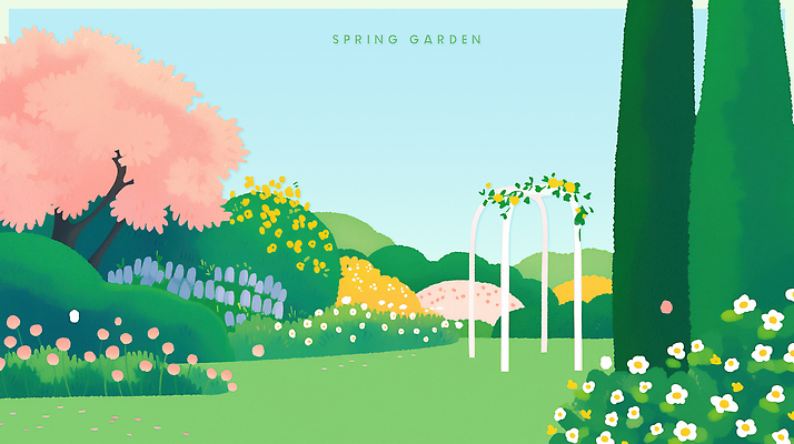 식물 계절 꽃 컬러 휴식 생태계 원예 파일형식 봄 정원 나무 아치 하늘 자연 풍경 초원 분홍색 노란색 보라색 데이지 정원가꾸기 산책 Relaxation PSD 일러스트 국내일러스트