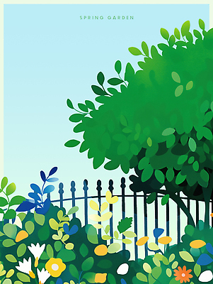 식물 계절 컬러 담장 생태계 파일형식 정원 나무 꽃 봄 하늘 울타리 자연 풍경 초록색 노란색 흰색 파란색 열매 잎 PSD 일러스트 국내일러스트