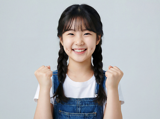 JPG 편집이미지 옷 여자 행복 어린이 모션 실내 표정 미소 웃음 소녀 파이팅 촬영 주먹 기쁨 브레이드 순간 의료성형뷰티 편집실사 AI인물포토 AI콘텐츠 감정 사람 내부 CG 파일형식 AI포토