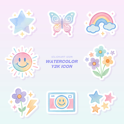 자연요소 식물 곤충 컨셉 날씨 표정 전자제품 파일형식 수채화 디자인 별 나비 무지개 태양 꽃 웃음 카메라 번개 장식 컬러 모양 PSD Y2K 오브젝트 일러스트 국내일러스트