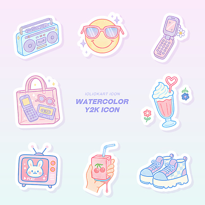잡화 안경 컨셉 전자제품 태양 쉐이크 파일형식 스타일 그래픽 오브젝트 음료 햇빛 선글라스 전화기 가방 밀크쉐이크 텔레비전 신발 문화 캐릭터 PSD Y2K 수채화 일러스트 국내일러스트