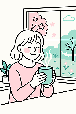 식물 식기 계절 음료 가구 창문 표정 사람 건물 태양 생태계 파일형식 벡터 따뜻한음료 창가 여자 꽃 나무 풍경 잔 주택 햇빛 야외 자연 생활 감정 탁자 웃음 오브젝트 일러스트 국내일러스트 AI파일 건강 면역력 환절기 봄