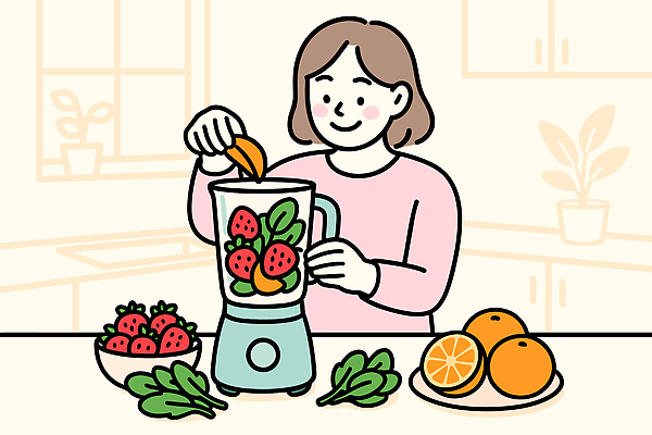 계절 음료 생활용품 채소 과일 모션 사람 파일형식 벡터 여자 주방 재료 딸기 시금치 만들기 요리 건강 쇼핑 레시피 주스 주방용품 혼합 식사 일러스트 국내일러스트 AI파일 면역력 환절기 봄