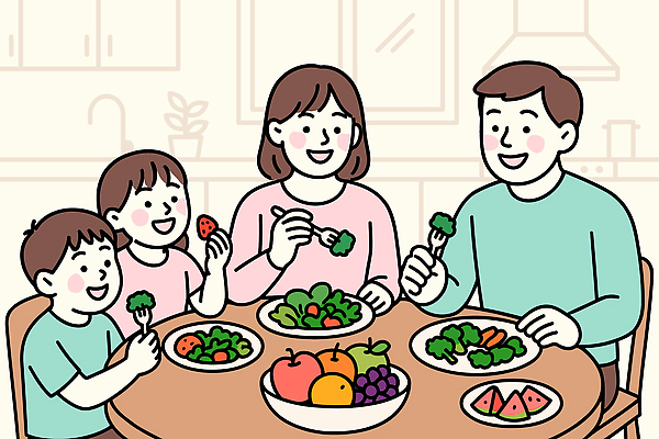 계절 감정 가족 관계 탁자 표정 야간 파일형식 벡터 저녁 식사 채소 과일 엄마 아빠 이야기 식탁 건강 나누기 웃음 음식 사랑 그룹 행복 주방 일러스트 국내일러스트 AI파일 면역력 환절기 봄